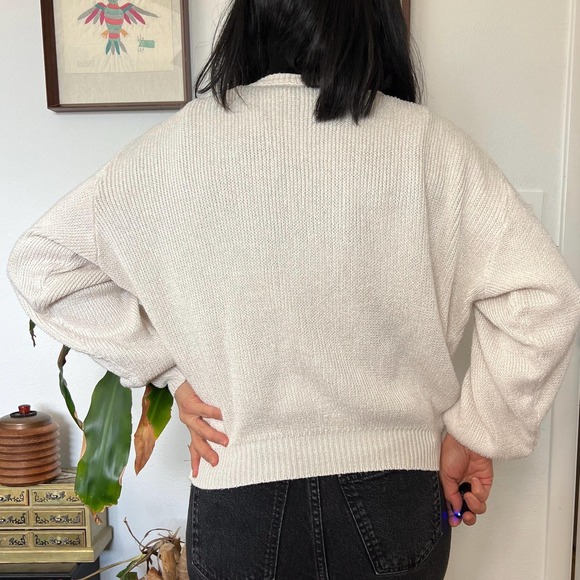 Vintage 80s Cream Bow Applique Sweater Oversized Romantic Pearl Slouchy Top M - Picture 4 of 8